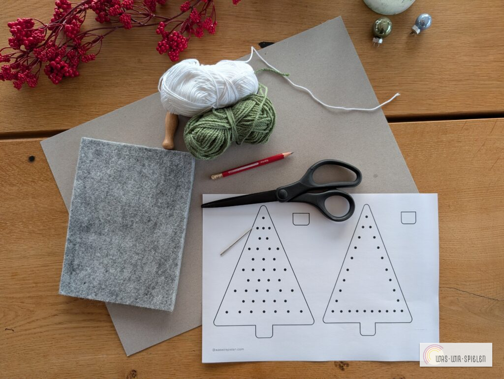 Material für Fadenbäume: Kartonvorlage, Wolle und Nadel